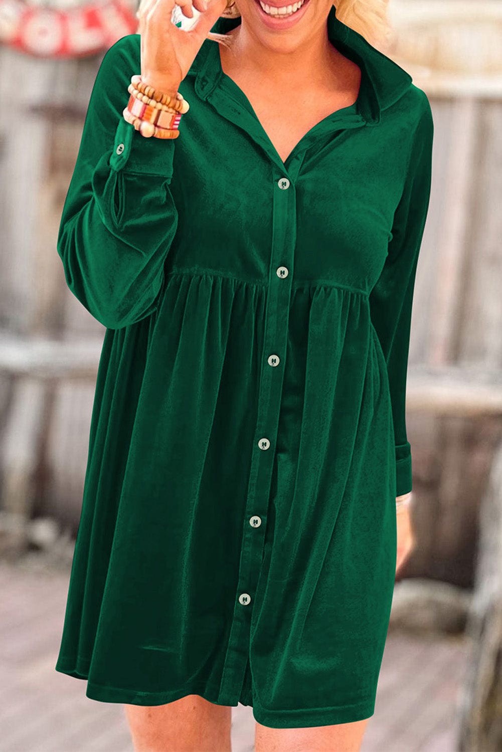 Green Velvet Ruffle Sleeve Button Up Mini Dress
