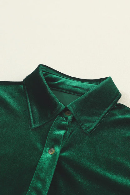 Green Velvet Ruffle Sleeve Button Up Mini Dress