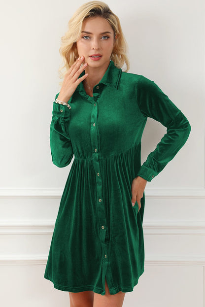 Green Velvet Ruffle Sleeve Button Up Mini Dress