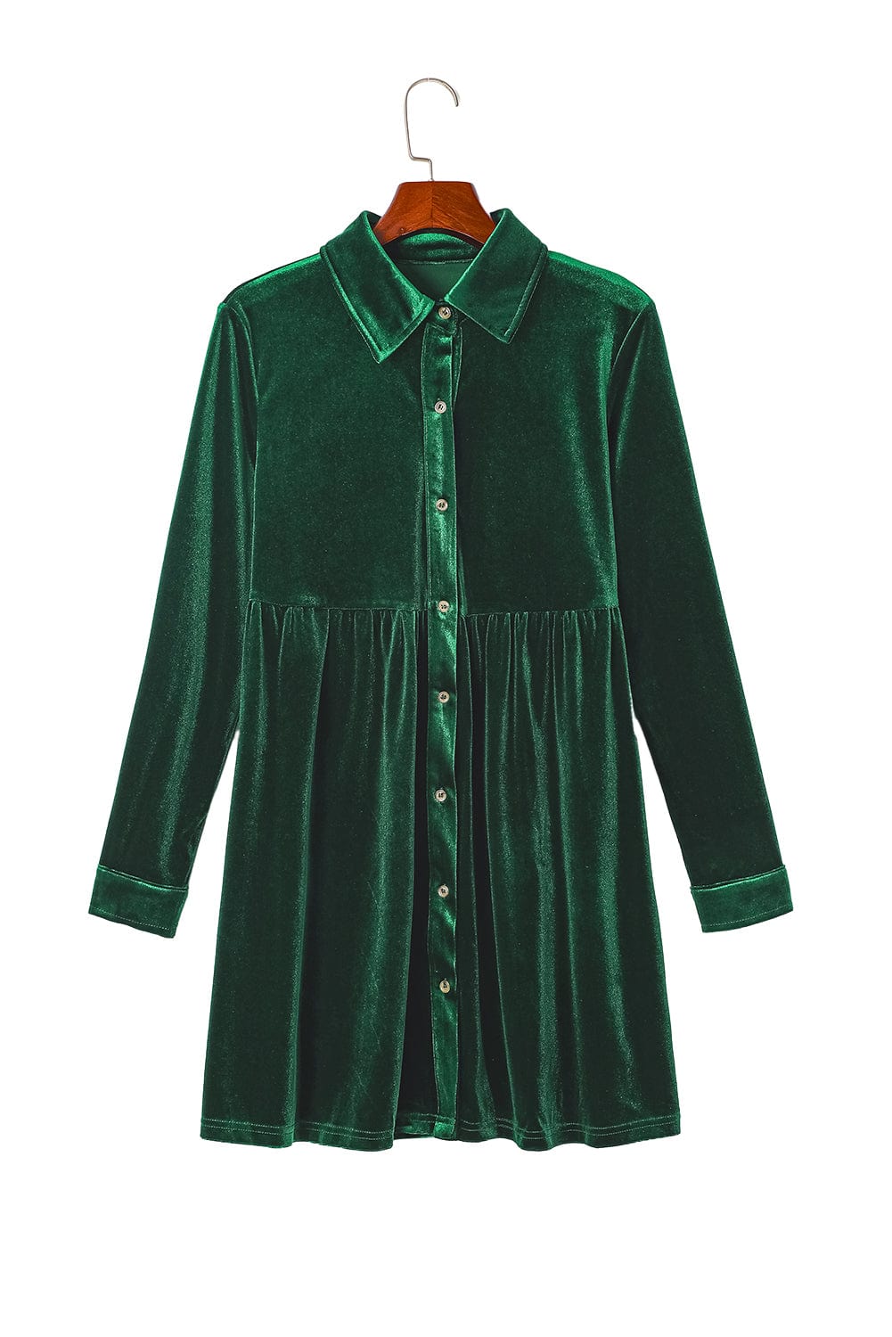 Green Velvet Ruffle Sleeve Button Up Mini Dress