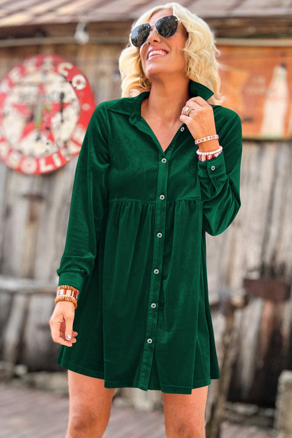 Green Velvet Ruffle Sleeve Button Up Mini Dress