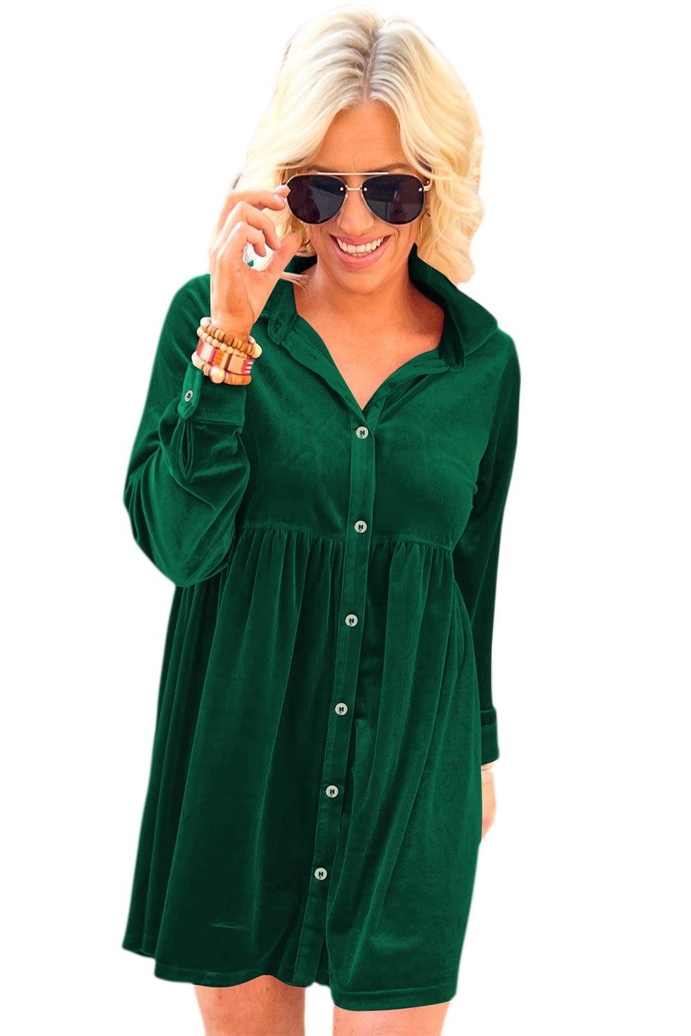 Green Velvet Ruffle Sleeve Button Up Mini Dress