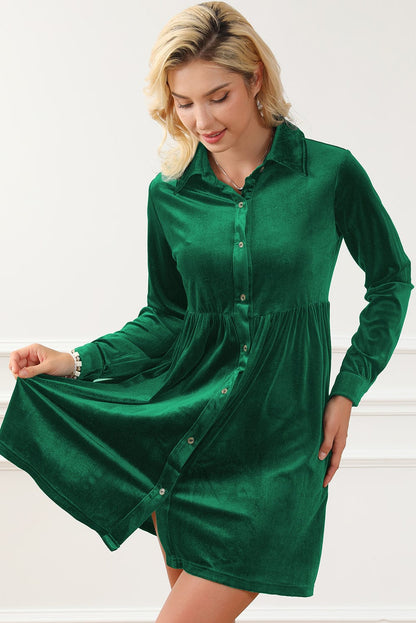 Green Velvet Ruffle Sleeve Button Up Mini Dress