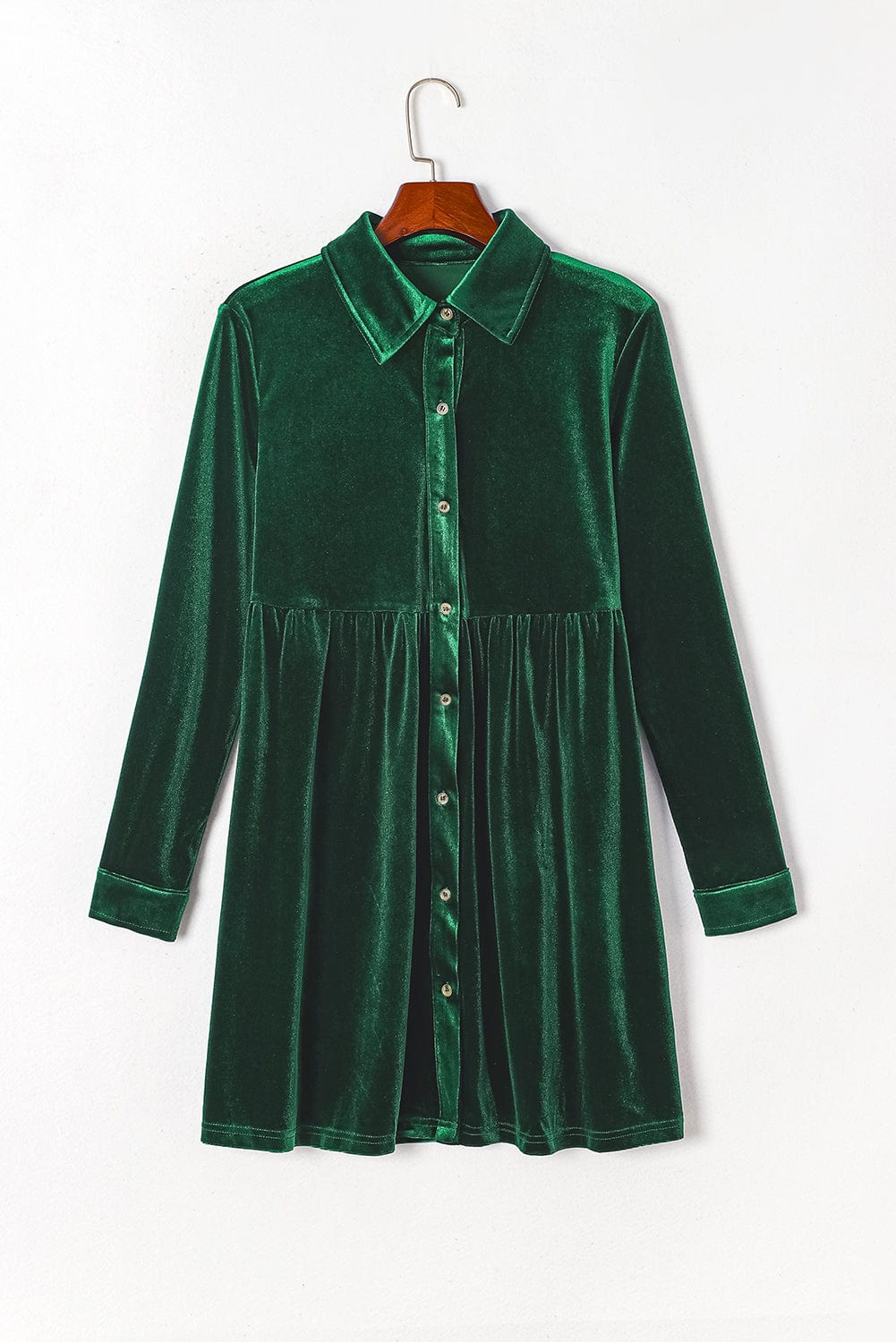 Green Velvet Ruffle Sleeve Button Up Mini Dress