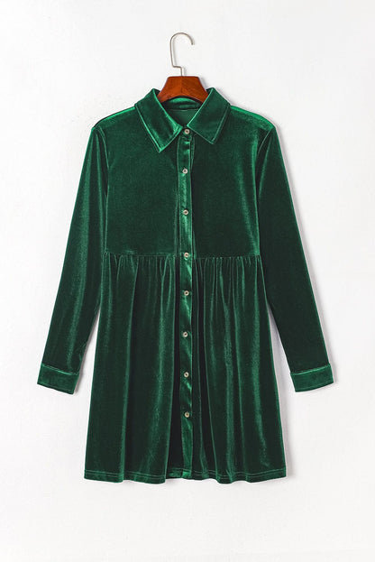 Green Velvet Ruffle Sleeve Button Up Mini Dress