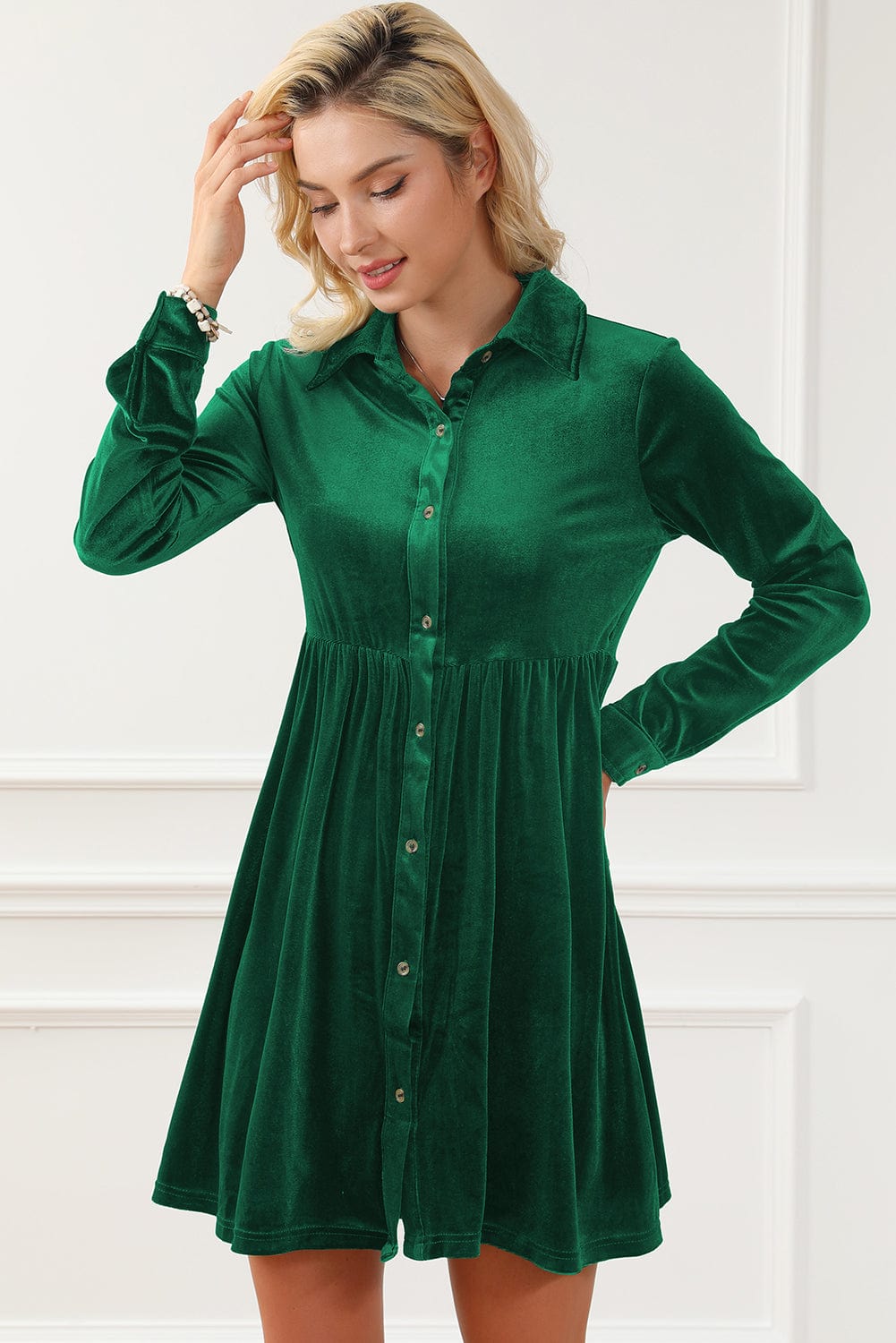 Green Velvet Ruffle Sleeve Button Up Mini Dress