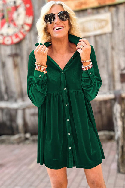 Green Velvet Ruffle Sleeve Button Up Mini Dress