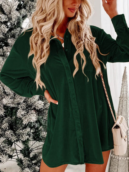 Green Velvet Square Neck Puff Sleeve Shift Mini Dress