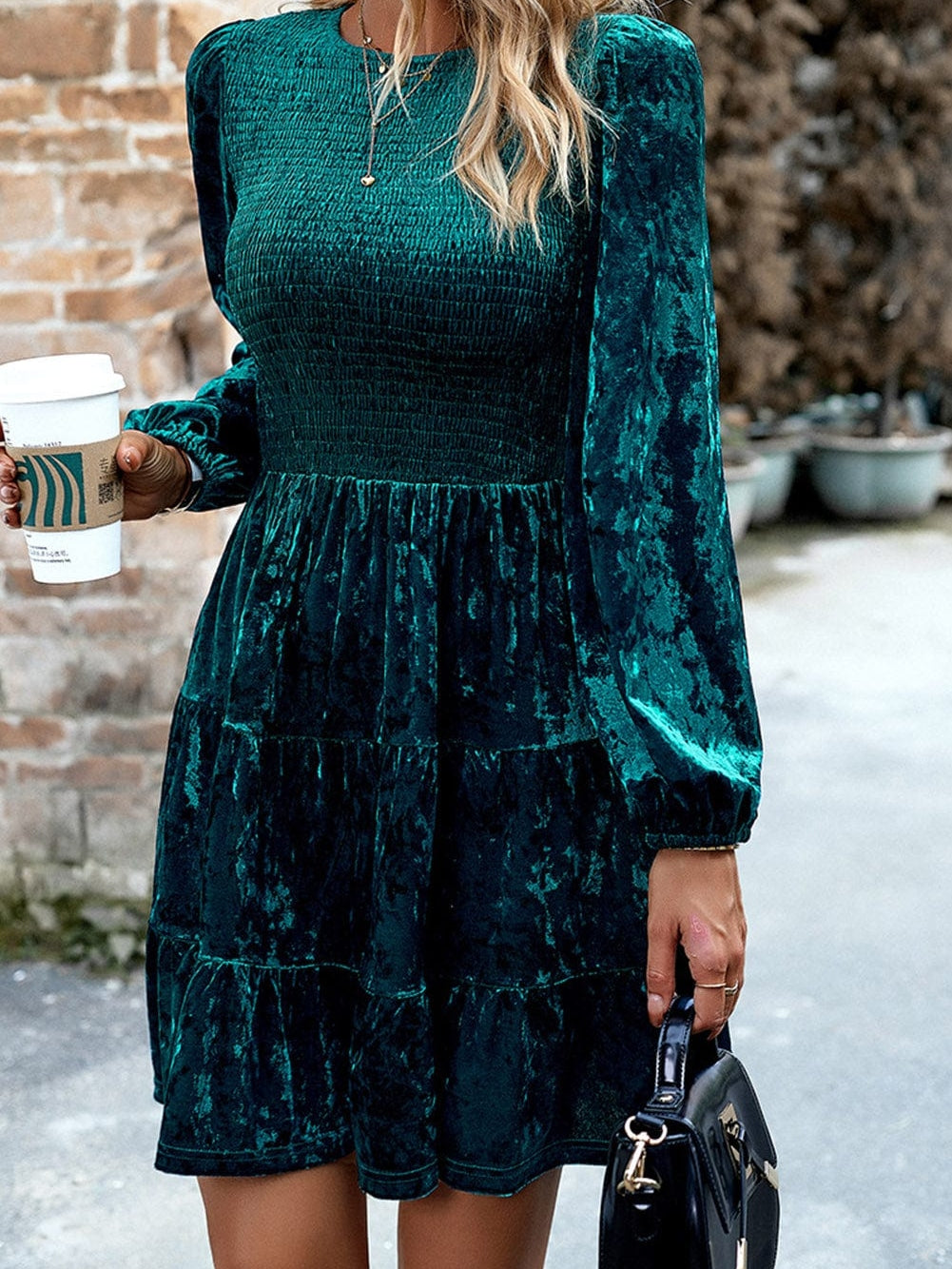 Green Velvet V-Neck Ruffle Sleeve Mini Dress