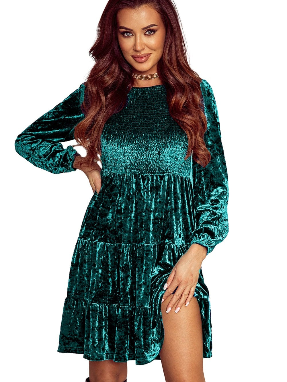 Green Velvet V-Neck Ruffle Sleeve Mini Dress