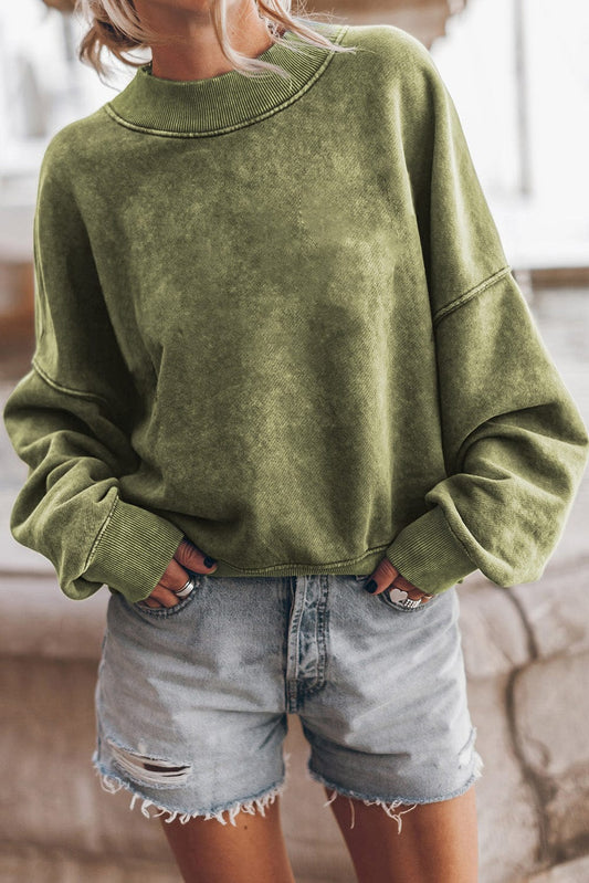 Green Vintage Drop Shoulder Round Neck Pullover Sweatshirt