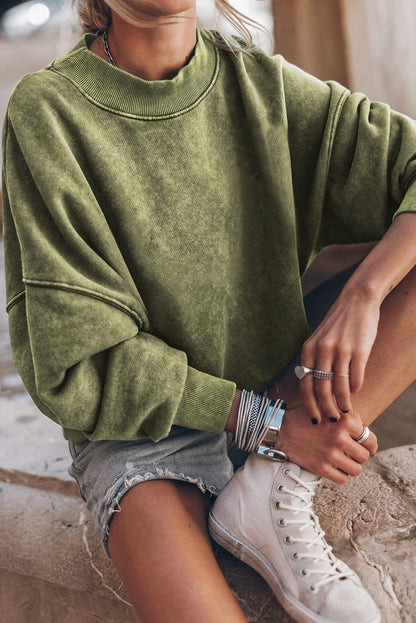 Green Vintage Drop Shoulder Round Neck Pullover Sweatshirt