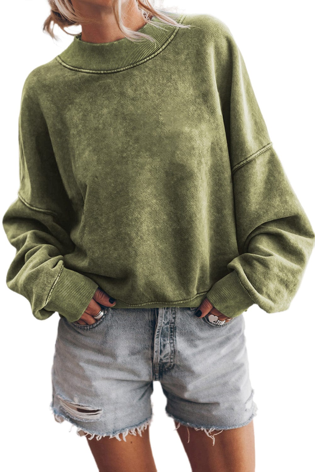 Green Vintage Drop Shoulder Round Neck Pullover Sweatshirt