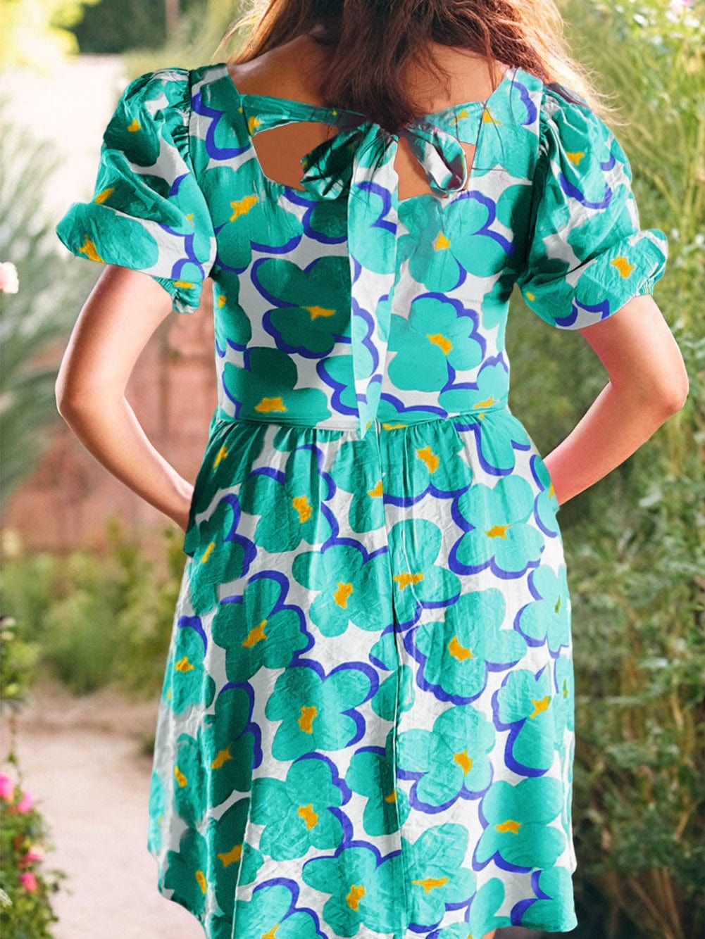 Green Vintage Floral Square Neck Empire Waist Summer Dress