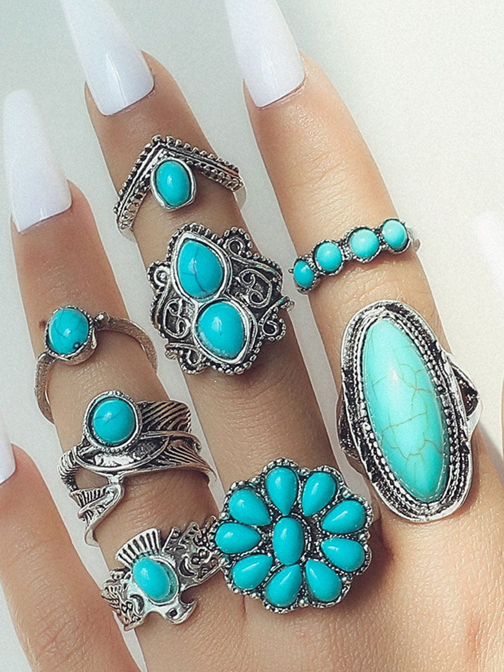 Green Vintage Western Turquoise 8-piece Ring Set
