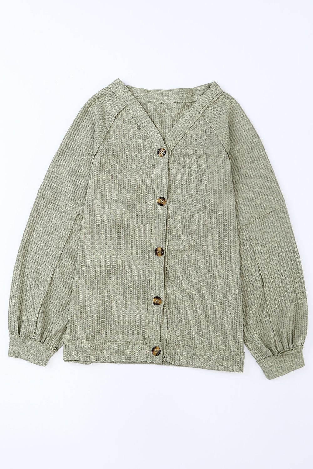 Green Waffle Knit Cardigan with Exposed Seams and Button Detail