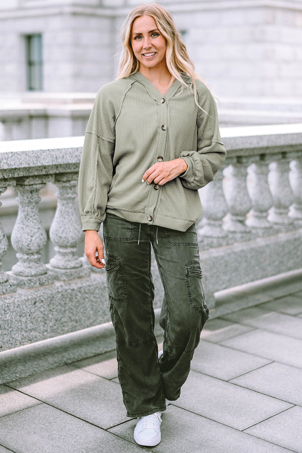 Green Waffle Knit Cardigan with Exposed Seams and Button Detail