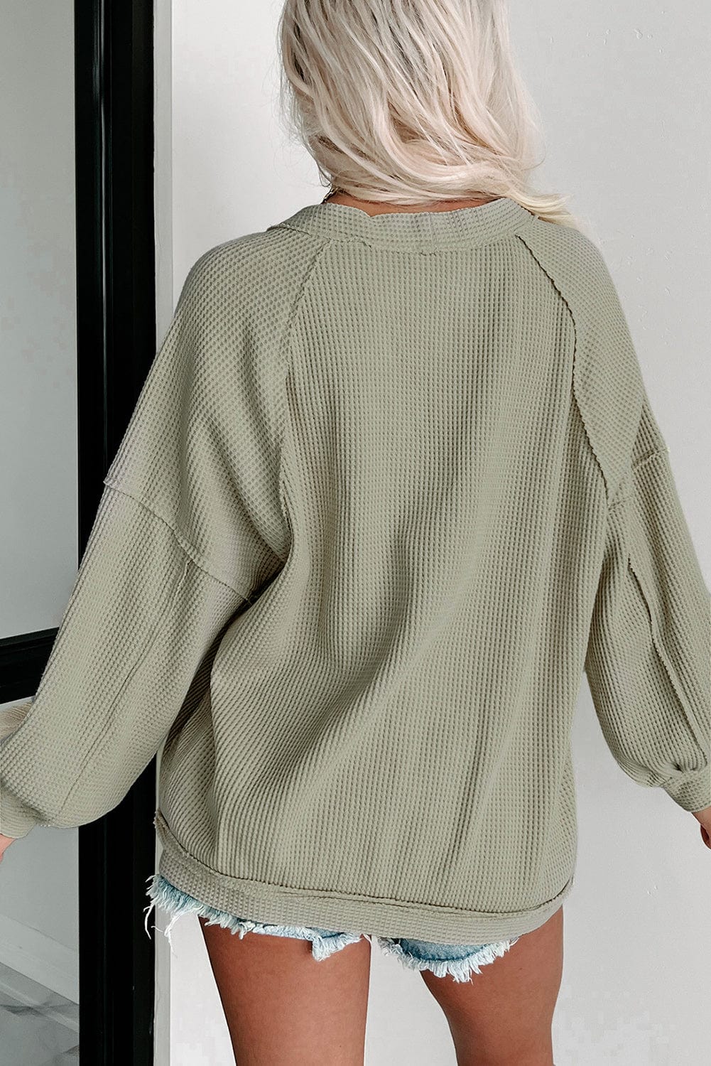 Green Waffle Knit Cardigan with Exposed Seams and Button Detail