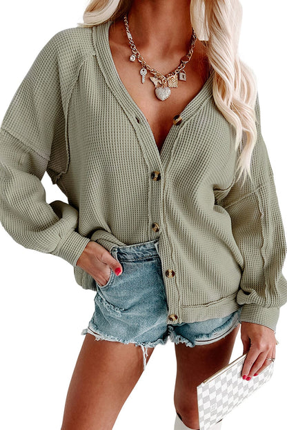 Green Waffle Knit Cardigan with Exposed Seams and Button Detail