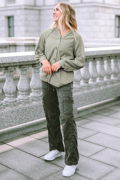 Green Waffle Knit Cardigan with Exposed Seams and Button Detail