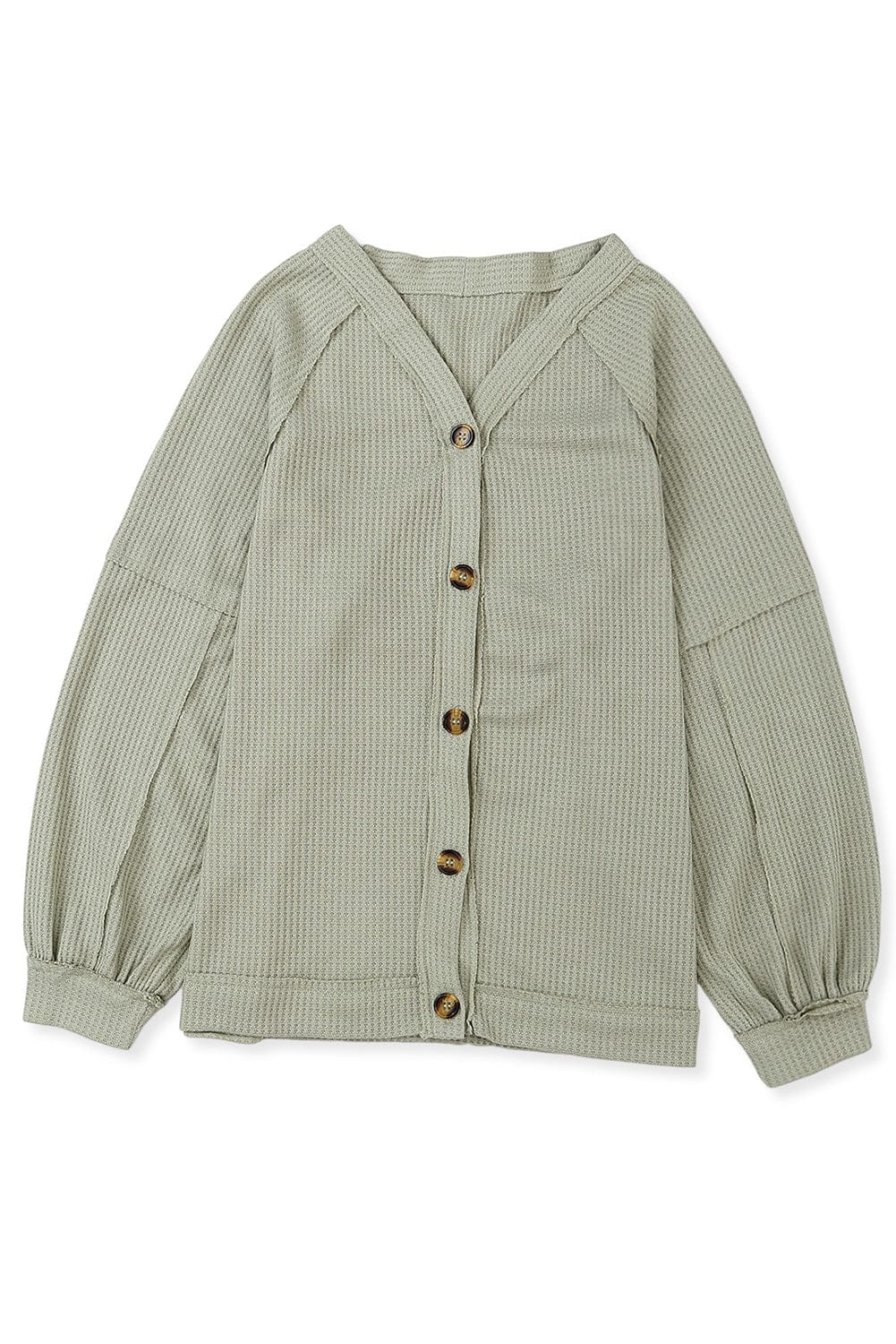 Green Waffle Knit Cardigan with Exposed Seams and Button Detail