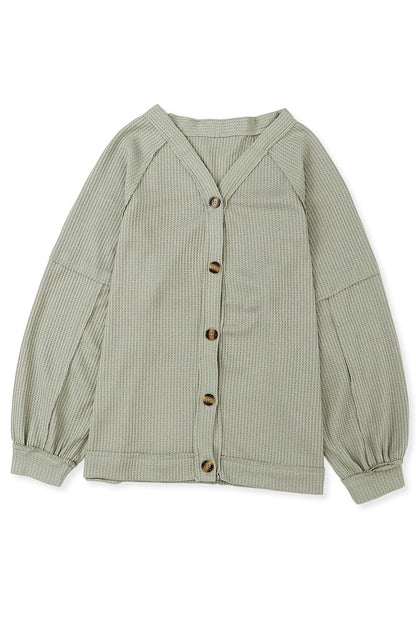 Green Waffle Knit Cardigan with Exposed Seams and Button Detail