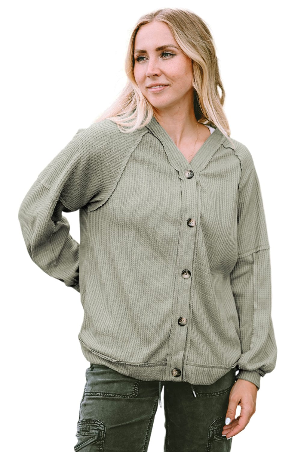 Green Waffle Knit Cardigan with Exposed Seams and Button Detail