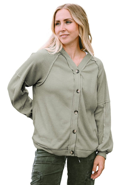 Green Waffle Knit Cardigan with Exposed Seams and Button Detail
