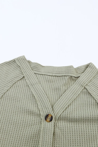Green Waffle Knit Cardigan with Exposed Seams and Button Detail