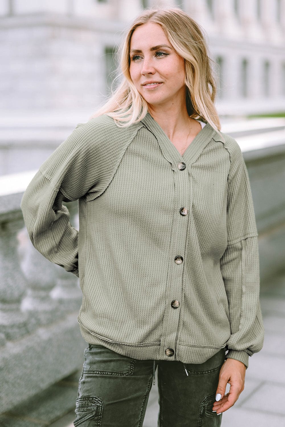 Green Waffle Knit Cardigan with Exposed Seams and Button Detail