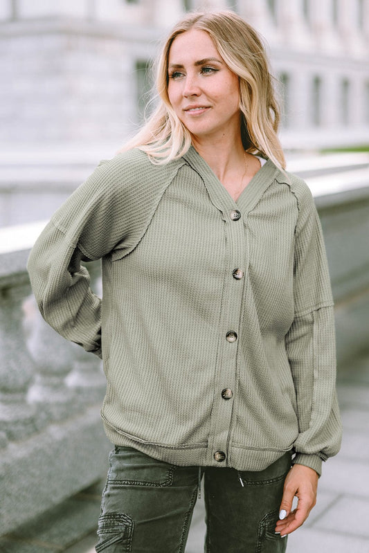Green Waffle Knit Cardigan with Exposed Seams and Button Detail