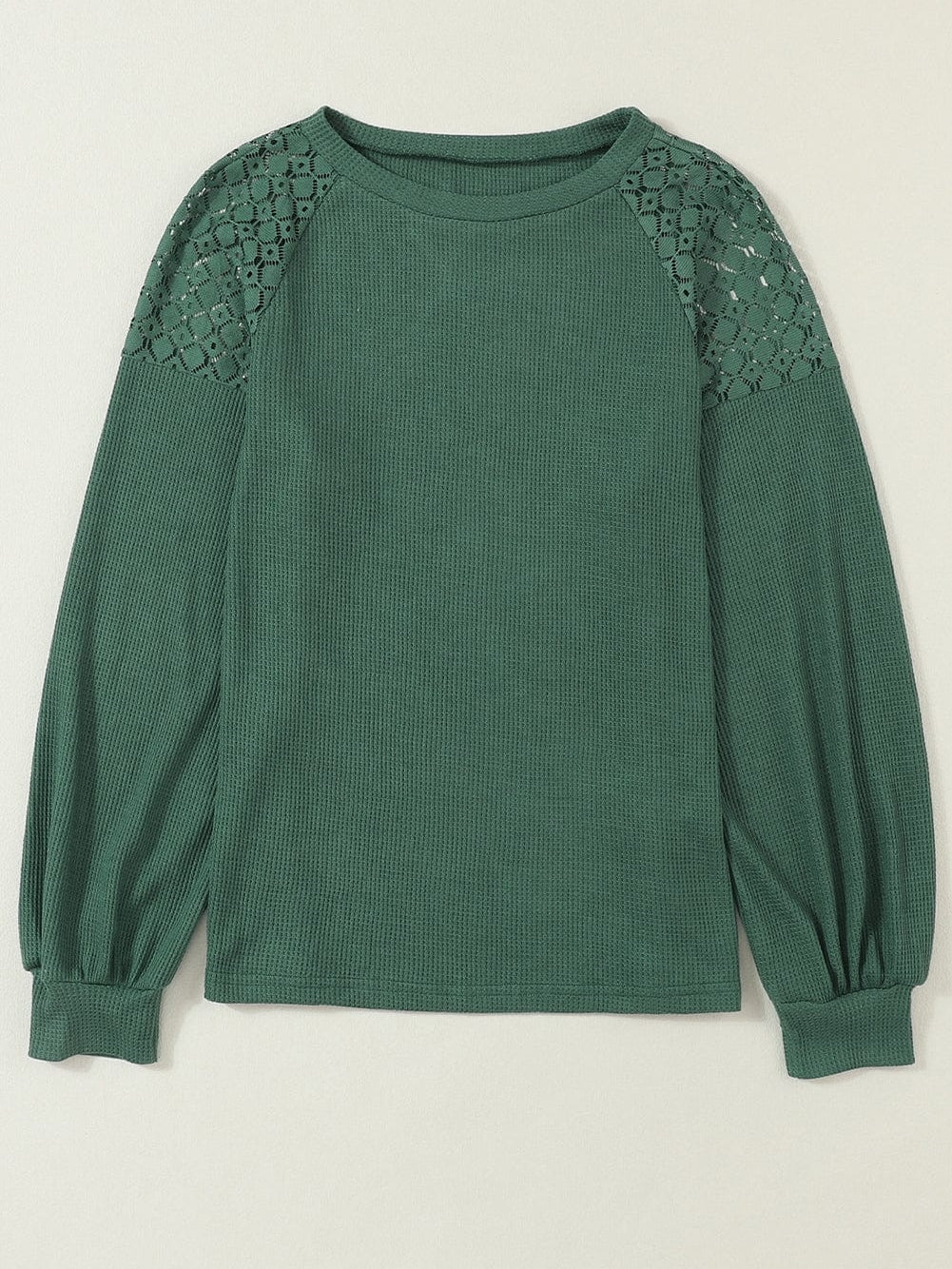 Green Waffle Knit Lace Detail Long Sleeve Top