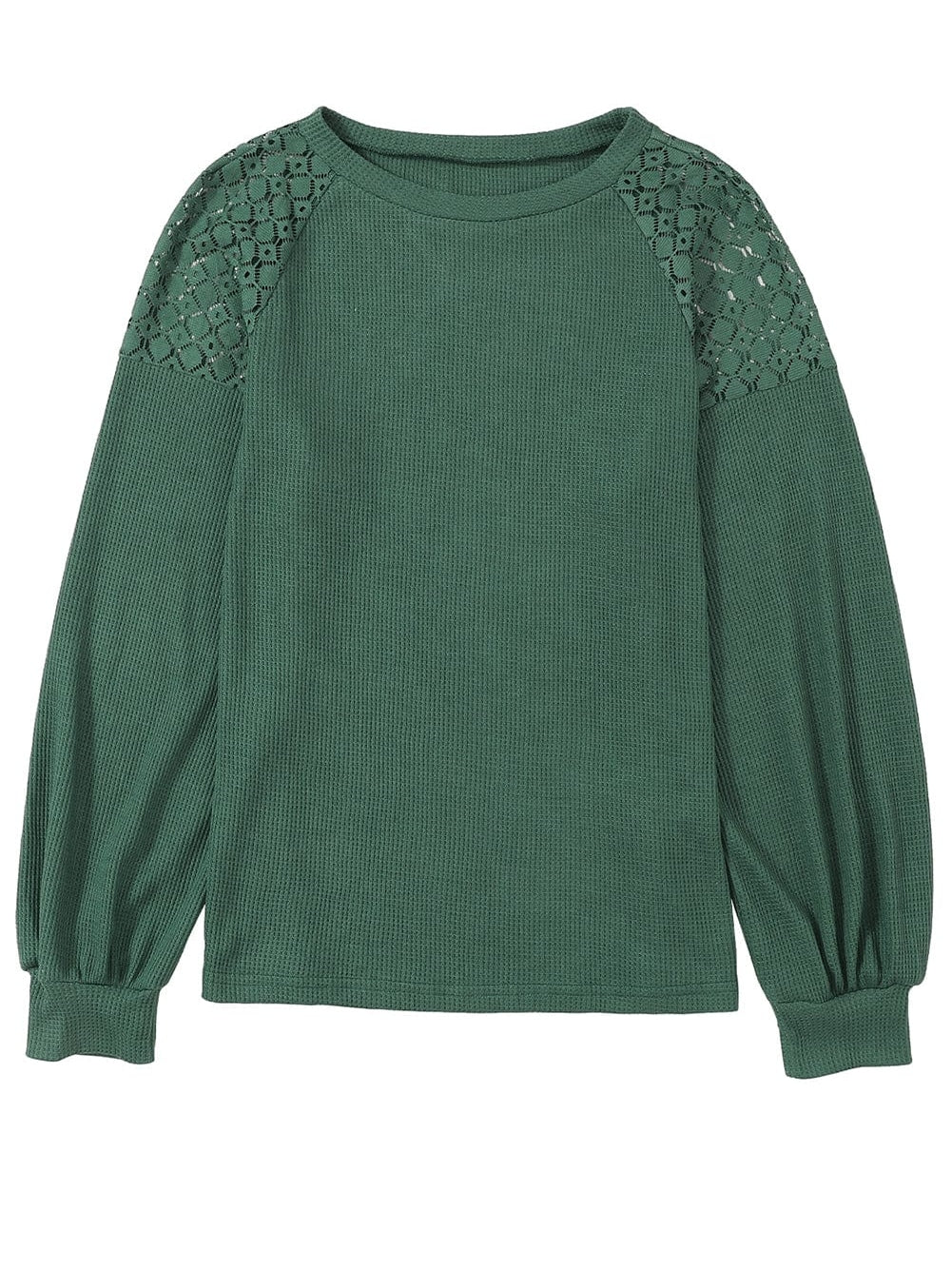 Green Waffle Knit Lace Detail Long Sleeve Top