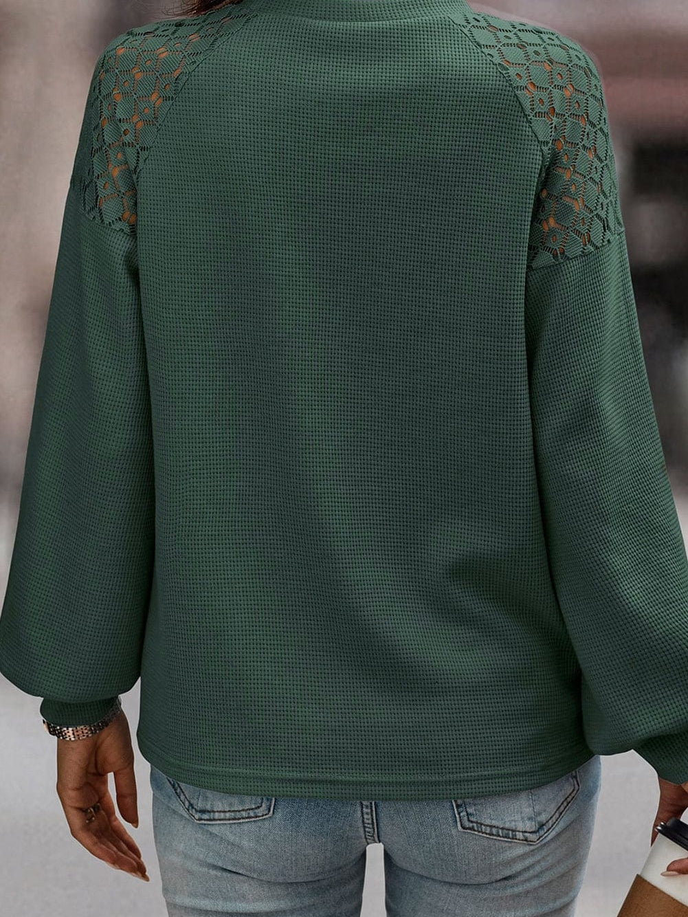 Green Waffle Knit Lace Detail Long Sleeve Top