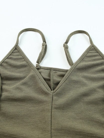 Green Waffle Knit Sleeveless V-Neck Casual Jumpsuit with Pockets