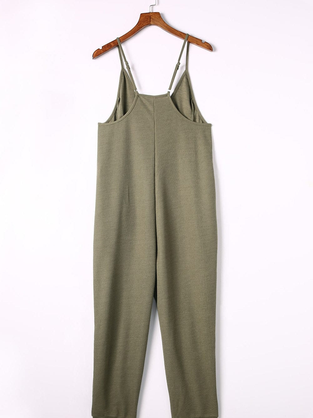 Green Waffle Knit Sleeveless V-Neck Casual Jumpsuit with Pockets