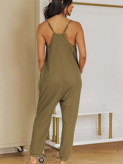 Green Waffle Knit Sleeveless V-Neck Casual Jumpsuit with Pockets