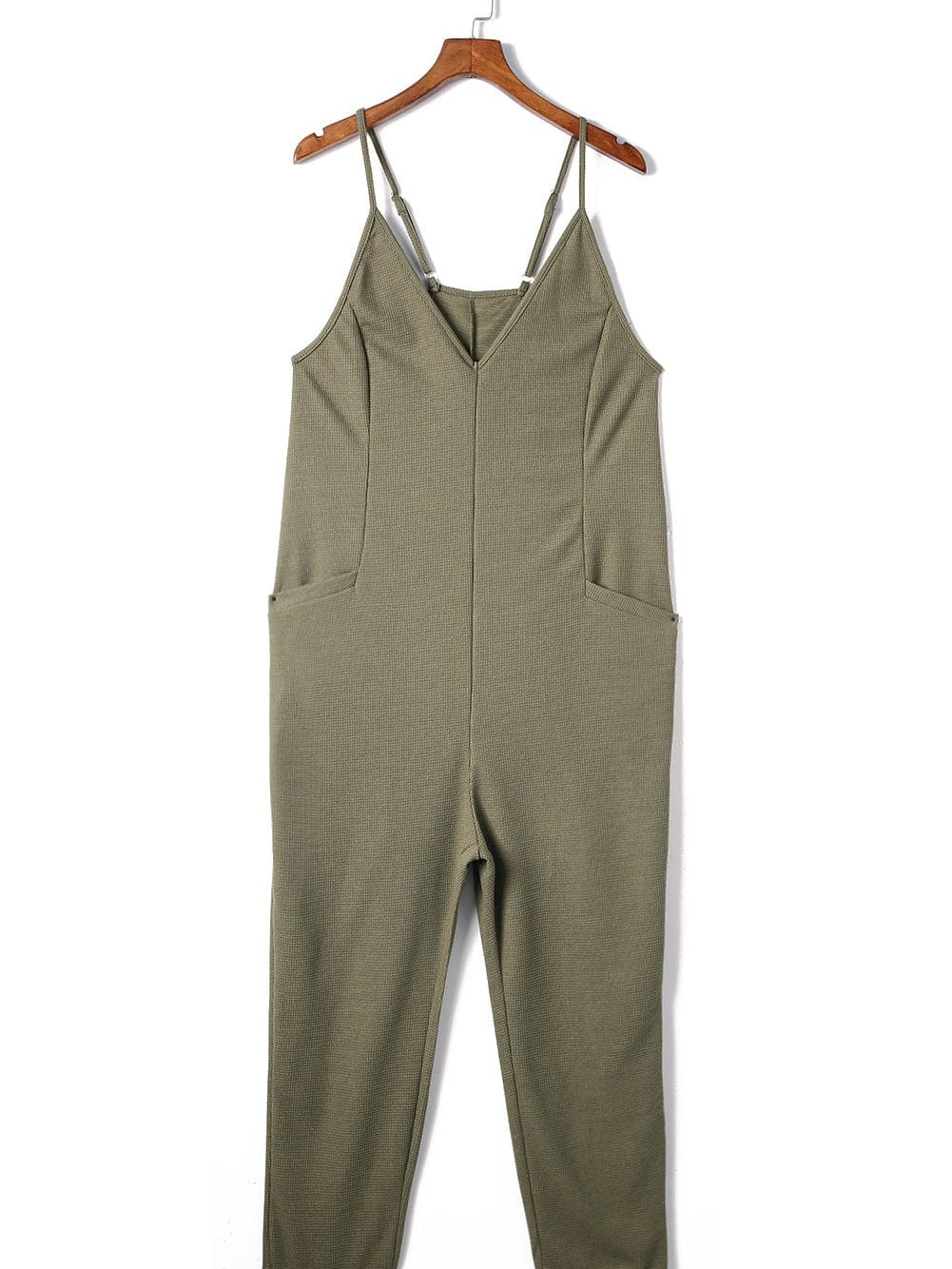 Green Waffle Knit Sleeveless V-Neck Casual Jumpsuit with Pockets