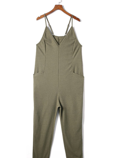 Green Waffle Knit Sleeveless V-Neck Casual Jumpsuit with Pockets