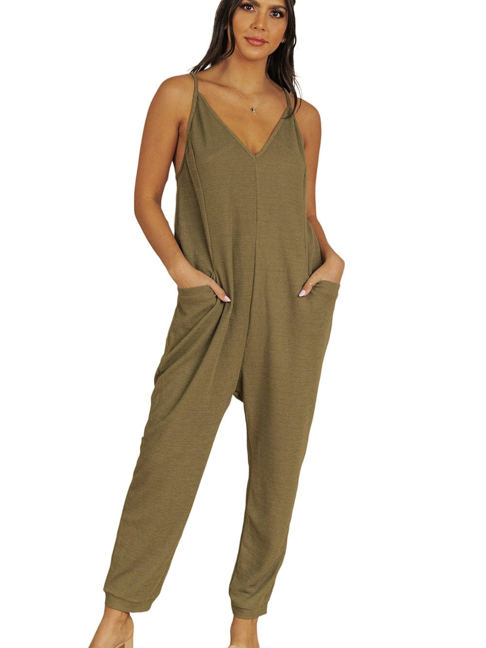 Green Waffle Knit Sleeveless V-Neck Casual Jumpsuit with Pockets