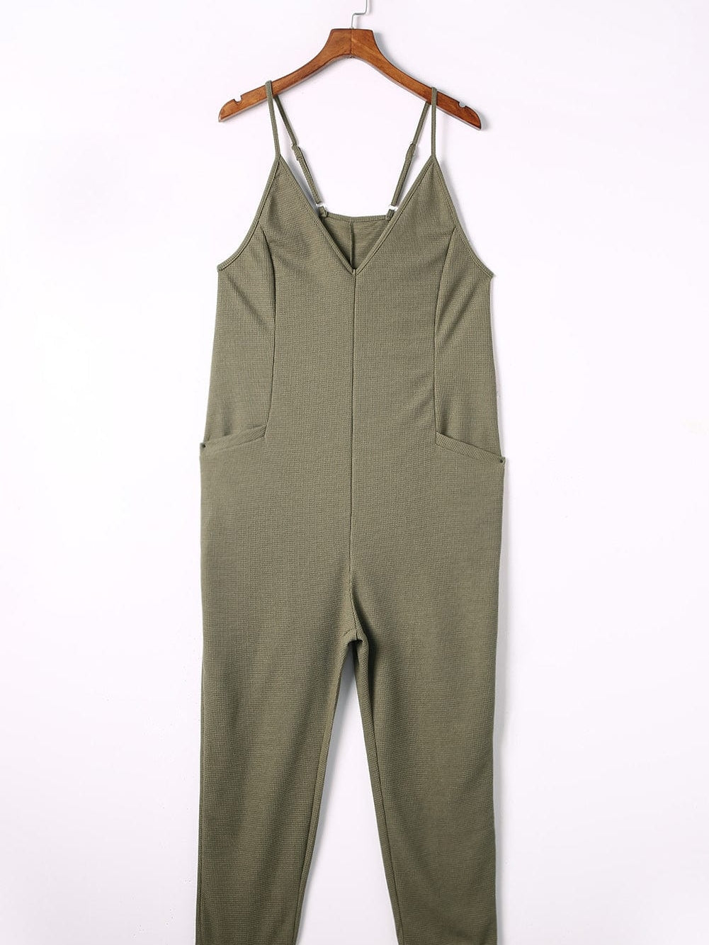 Green Waffle Knit Sleeveless V-Neck Casual Jumpsuit with Pockets