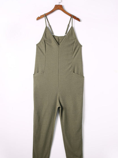Green Waffle Knit Sleeveless V-Neck Casual Jumpsuit with Pockets