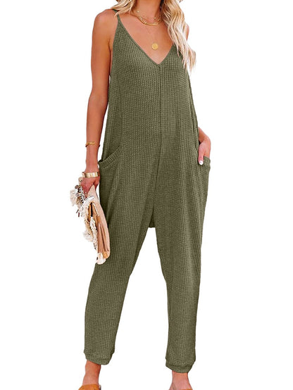Green Waffle Knit Sleeveless V-Neck Casual Jumpsuit with Pockets