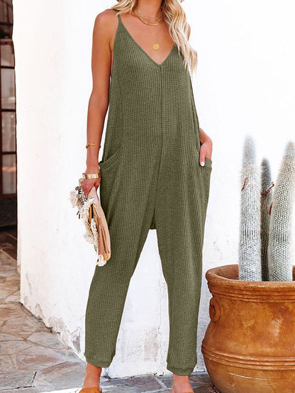 Green Waffle Knit Sleeveless V-Neck Casual Jumpsuit with Pockets