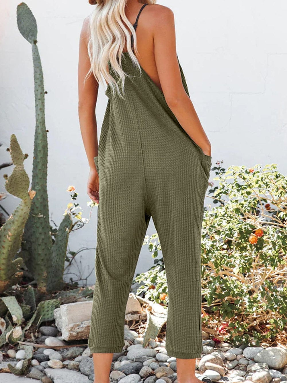 Green Waffle Knit Sleeveless V-Neck Casual Jumpsuit with Pockets