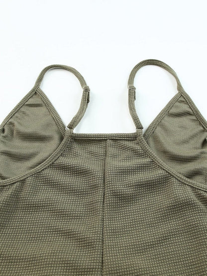Green Waffle Knit Sleeveless V-Neck Casual Jumpsuit with Pockets