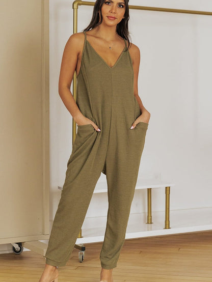 Green Waffle Knit Sleeveless V-Neck Casual Jumpsuit with Pockets