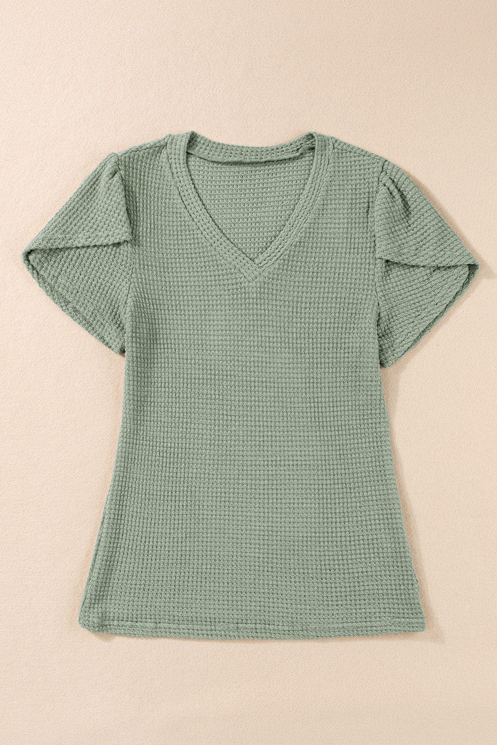 Green Waffle Knit T-Shirt with Petal Sleeves