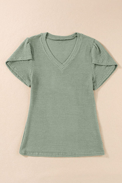 Green Waffle Knit T-Shirt with Petal Sleeves