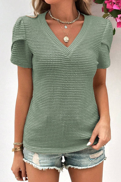 Green Waffle Knit T-Shirt with Petal Sleeves